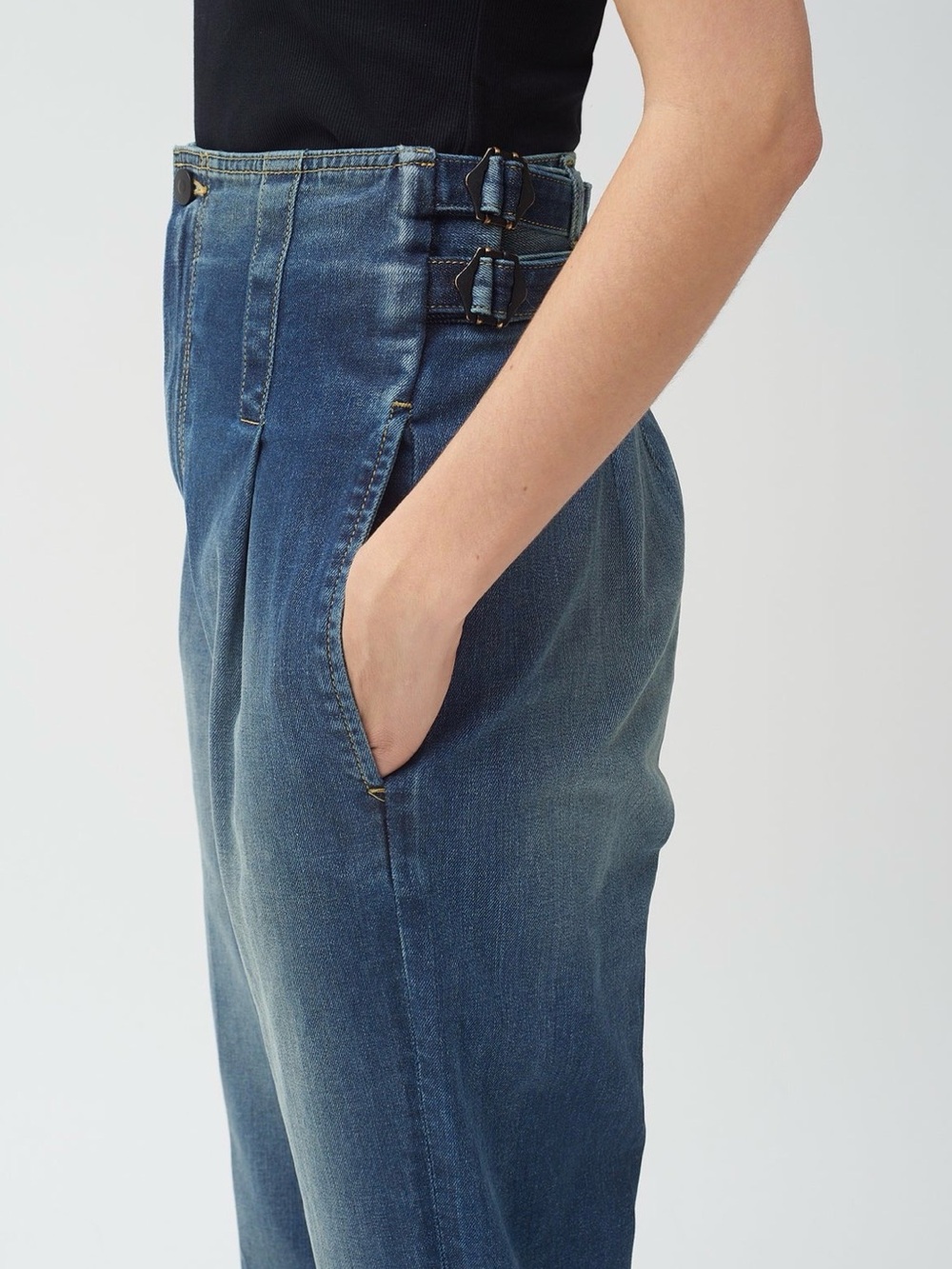 Colovos Buckle Jean Medium Fade Pleated High Rise Tapered Denim | 2 - Picture 10 of 10